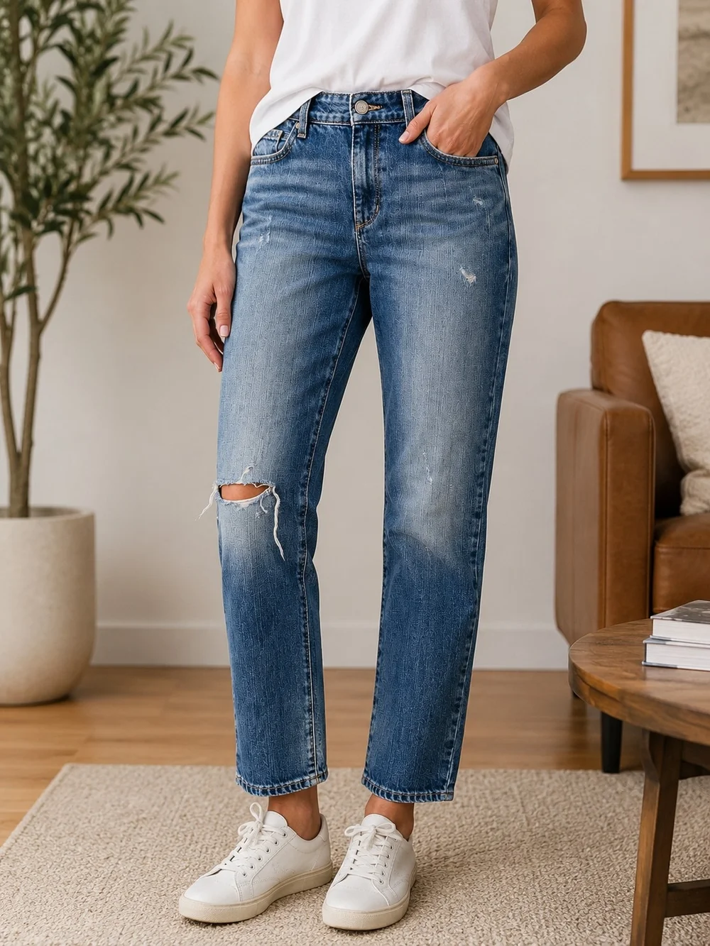 Women’s Distressed Mid Blue Straight-Leg Jeans